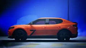 A photo showing the exterior of a custom 2025 Ford Capri EV designed for Eric Cantona from a side angle.