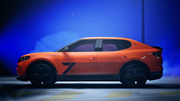 A photo showing the exterior of a custom 2025 Ford Capri EV designed for Eric Cantona from a side angle.
