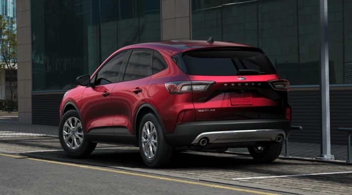 Photo showing a rear three-quarters view of the 2025 Ford Escape Active. It now features a black upper, silver lower rear bumper. 