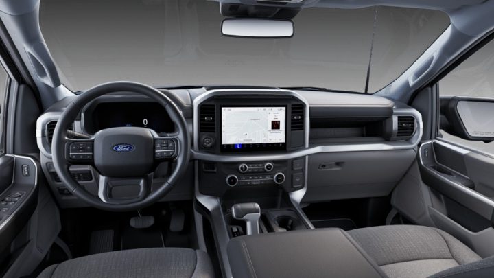 Photo of the interior of the 2025 Ford F-150 Lightning XLT, which features the 12-inch center stack touchscreen. This is one of two screens available on the all-electric pickup. 