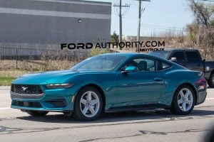 A photo showing the exterior of a 2026 Ford Mustang EcoBoost Coupe from a front three quarters angle.