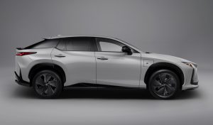 A photo showing the exterior of the 2026 Lexus RZ550e F Sport from a side angle.