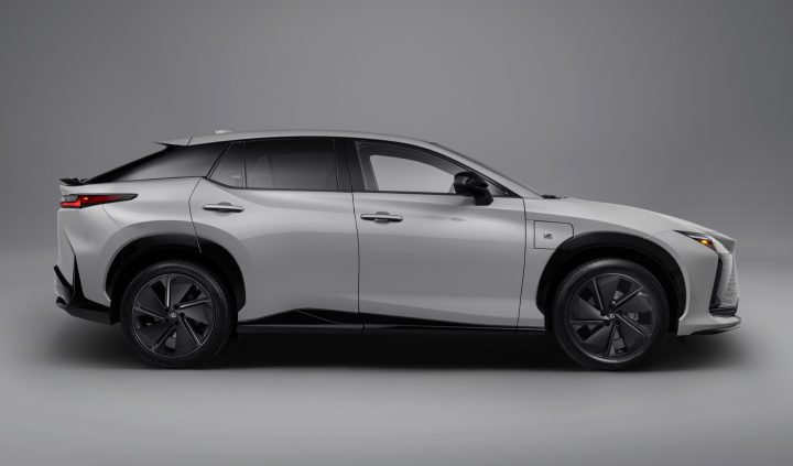 A photo showing the exterior of the 2026 Lexus RZ550e F Sport from a side angle.