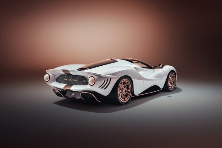 A photo showing the exterior of the De Tomaso P72 from a rear three quarters angle.