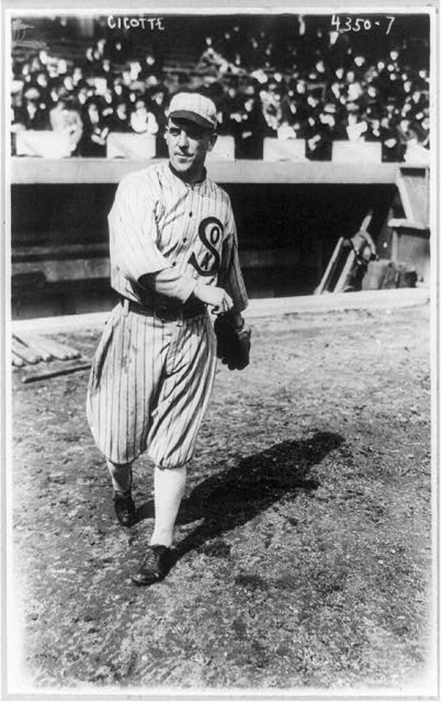 Black and white photograph of Eddie Cicotte during a baseball game. After he was banned for life, he worked for Ford for over 20 years.