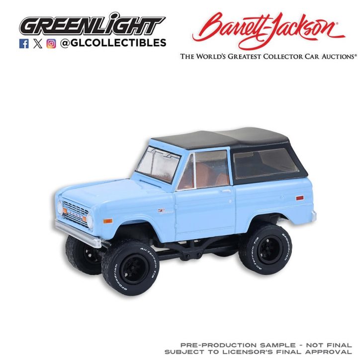 A photo showing the exterior of the new Greenlight Collectibles and Barrett-Jackson Ford Bronco diecast.