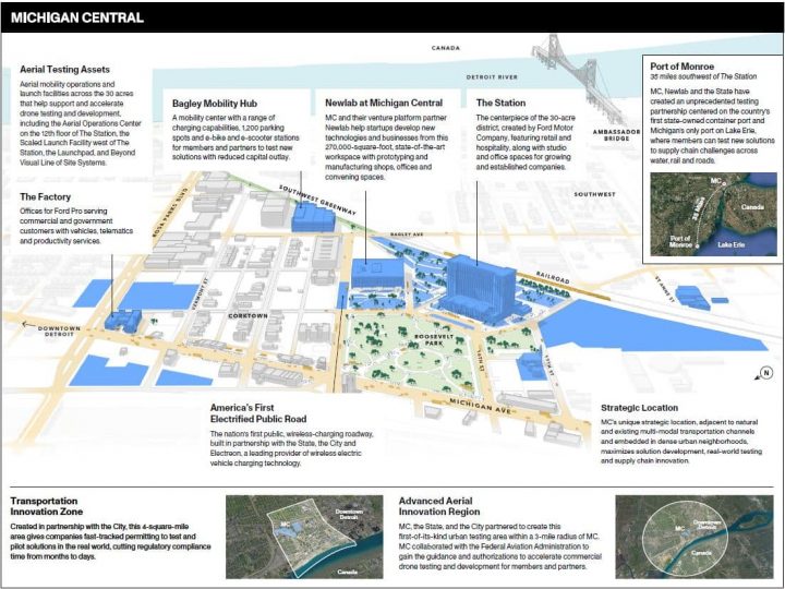 A photo showing the infrastructure around Ford Michigan Central Station.