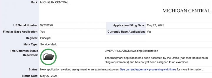 A Ford trademark filing for Michigan Central with the United States Patent and Trademark Office.