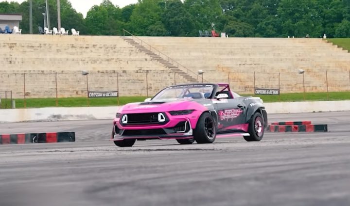Video still of the Ford Mustang RTR Vert - or convertible - on track. The vehicle was build for rapper T-Pain. 