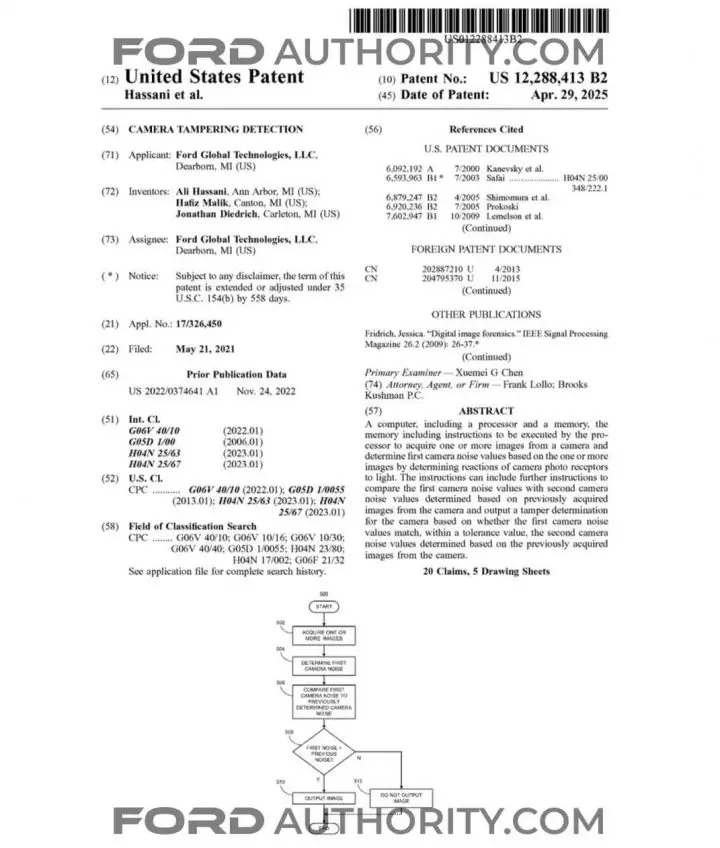 A Ford patent filing for a camera tampering detection system.