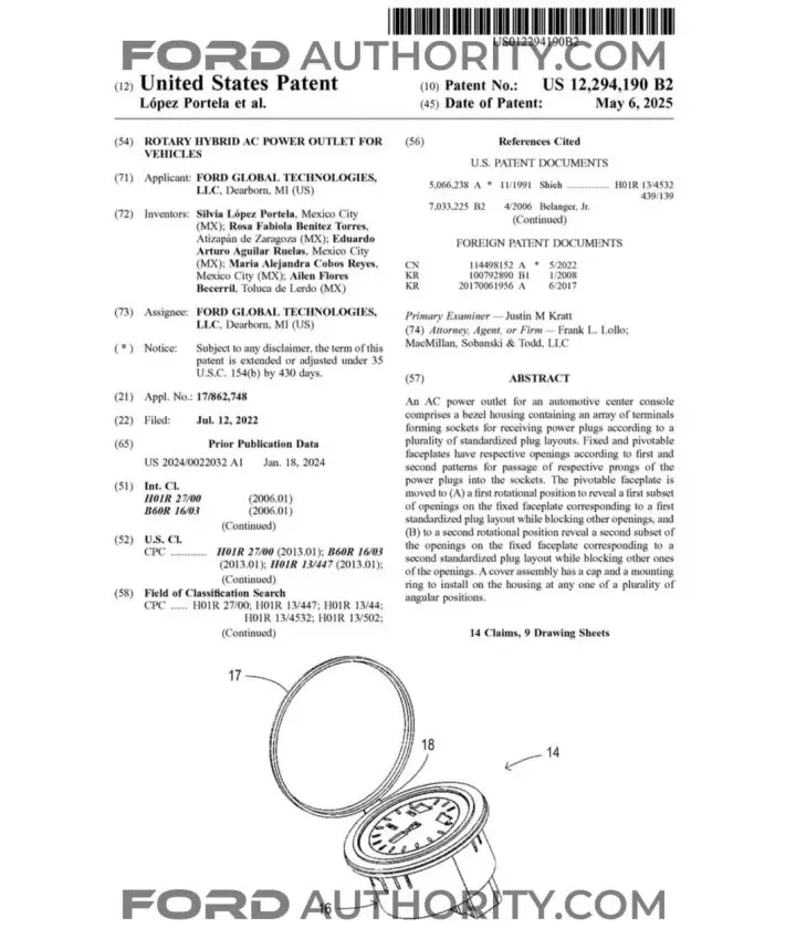 A Ford patent filing for rotary hybrid AC power outlets.