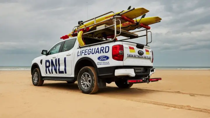 A photo showing the exterior of the Royal National Lifeboat Institution Ford Ranger from a rear three quarters angle.
