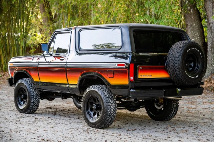 A photo showing the exterior of a 1979 Ford Bronco from a rear three quarters angle.