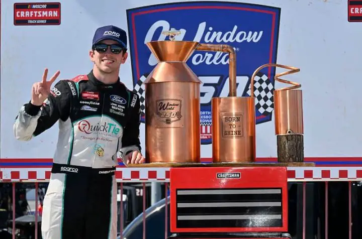 Photo of Chandler Smith in Victory Lane at North Wilkesboro on May 16th, 2025. Smith drives the No. 38 NASCAR Ford F-150.