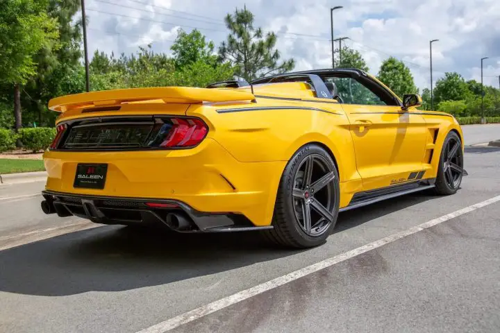 A photo showing the exterior of the 2023 Ford Mustang Saleen SA-40 Speedster from a rear three quarters angle.
