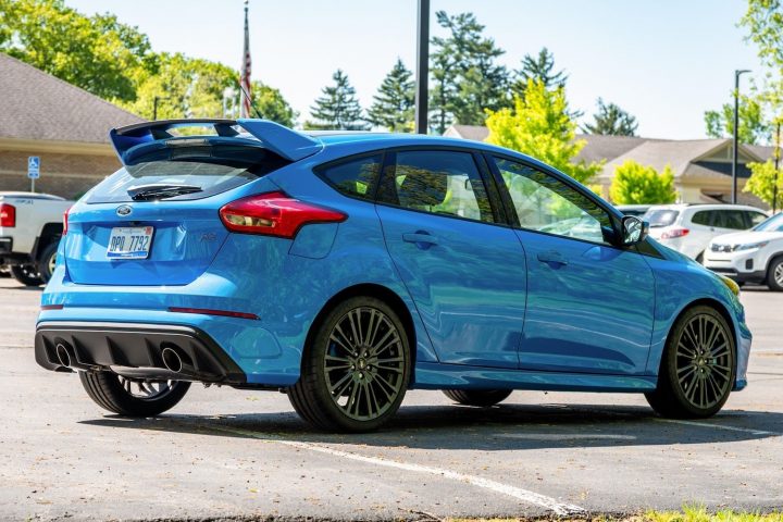 A photo showing the exterior of a 2017 Ford Focus RS from a rear three quarters angle.