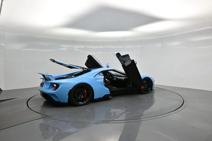 A photo showing the exterior of a Blu Cepheus 2020 Ford GT from a rear three quarters angle.