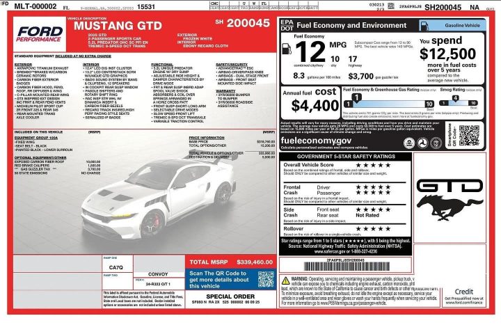 Photo of the window sticker of the 2025 Ford Mustang GTD. It shows the cost of optional packages and other options. 