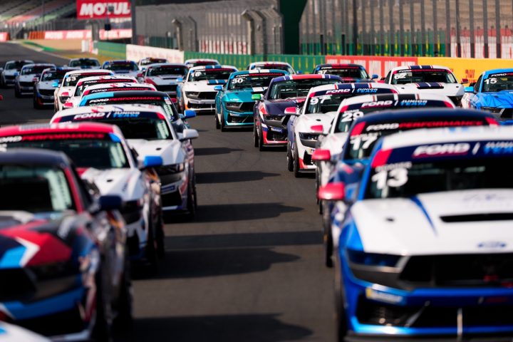 A photo showing a general view of the 40-car field for the 2025 Mustang Challenge Le Mans Invitational. The final race is scheduled for June 14, 2025.