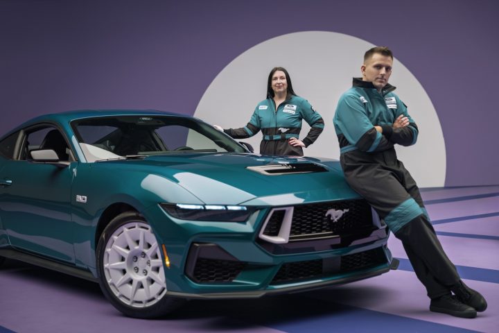 2026 Ford Mustang FX Package front press photo, with retro duo. 