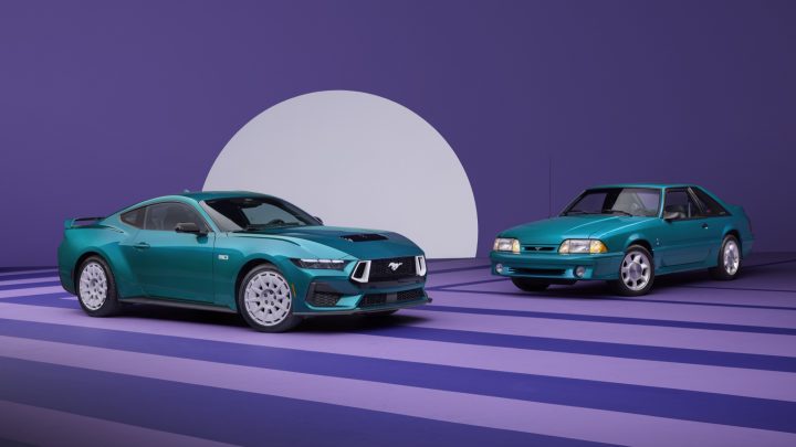 Front three-quarters view of 2026 Ford Mustang with FX Package, sitting next to Fox Body Mustang. Ford Mustang sales dominated the the faltering two-door sports car space in Q2 2025.