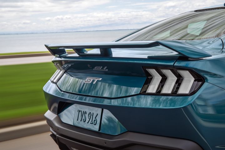 A closeup of the 2026 Ford Mustang FX Package, shown from a rear three-quarters view. Any reports of a 2026 Mustang Boss 429 are completely fake, AI generated nonsense.