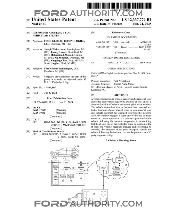 A Ford patent filing for responder assistance for vehicular events.