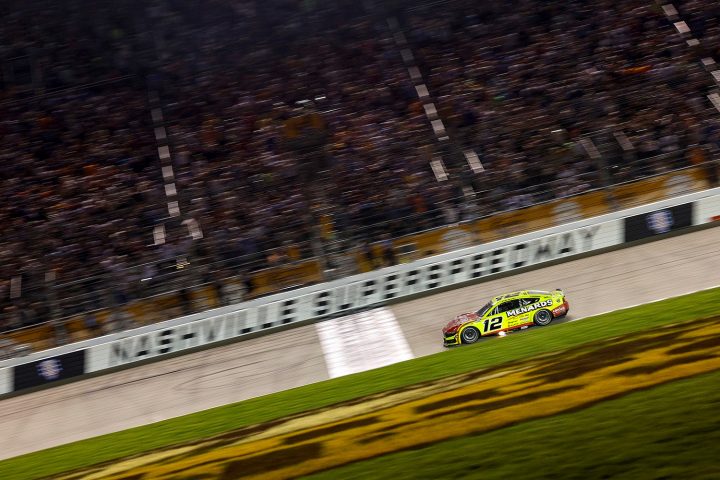 Photo showing the No. 12 NASCAR Ford of Ryan Blaney crossing the finish line first at Nashville on June 1st, 2025.