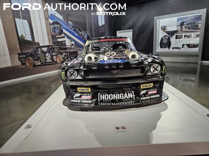 Photo of the 1965 Ford Mustang Hoonicorn, driven by the late Ken Block, on display at the Petersen Automotive Museum. 