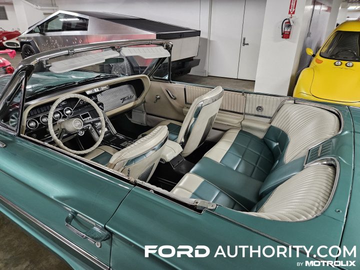 Photo showing the interior of the 1966 Ford Thunderbird from "Thelma & Louise," pictured from a rear three-quarters angle. 