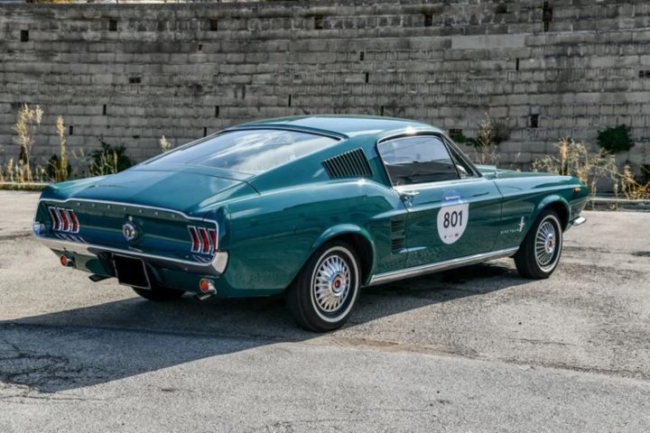 A photo showing the exterior of a 1967 Ford Mustang Carrozzeria Zagato from a rear three quarters angle.