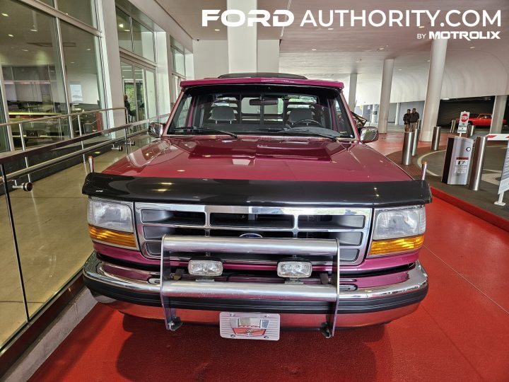 Photo of the 1992 Ford F-150 XLT Lariat Flareside on display at the Petersen Museum, seen from the front.