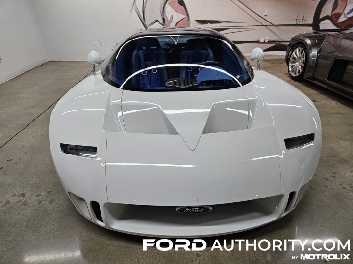 Photo of the 1995 Ford GT90 on display at the Petersen Museum, shown from the front. This vehicle was the first to sport "New Edge" styling language.