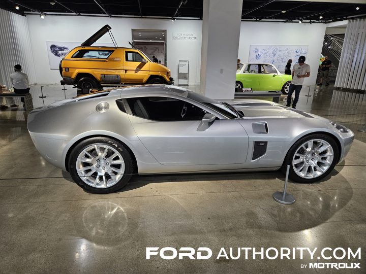 Photo showing a side view of the 2005 Ford Shelby GR-1 mockup, as photographed by Ford Authority at the Petersen Automotive Museum. 