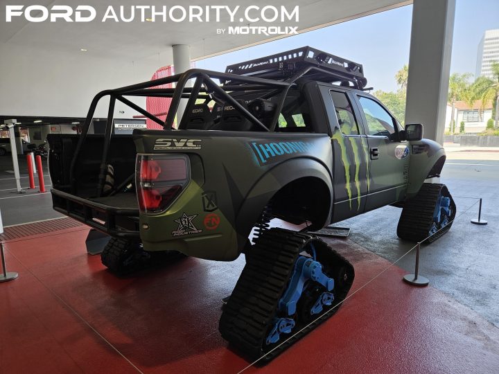 Photo showing the 2009 Ford F-150 RaptorTrax from a rear three-quarters angle, as photographed by Ford Authority in July 2025.