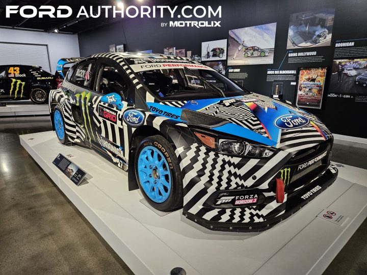 Photo of the 2016 Ford Focus RS RX built by Ken Block on display at the Petersen Museum, seen from a front three-quarters.
