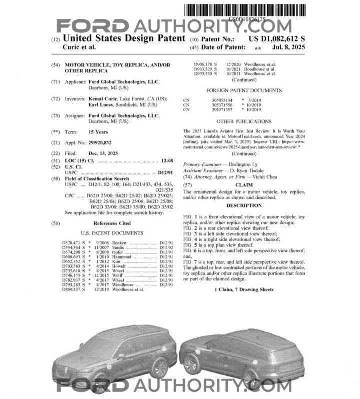 A Ford patent filing for a 2025 Lincoln Aviator diecast model.