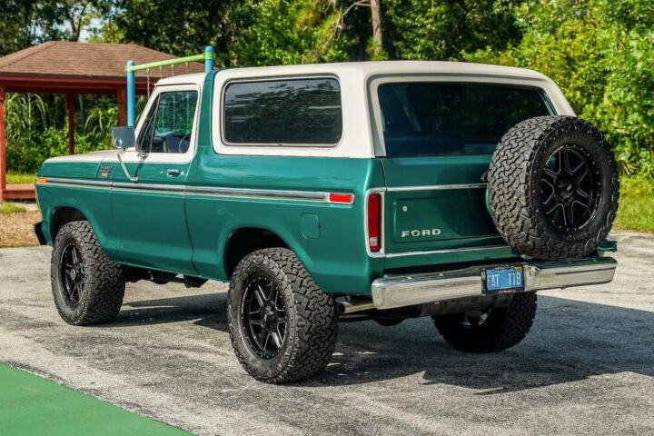 A photo showing the exterior of a 1978 Ford Bronco from a rear three quarters angle.