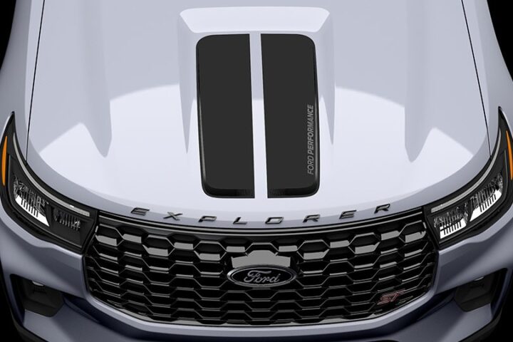 A top down view of the 2025 Ford Explorer equipped with the Ford Performance Hood Graphic. This is offered as an extra-cost option on all Explorer trims. 