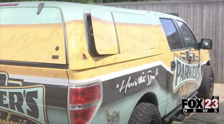 A photo showing the exterior of the Parker's Mobile Mechanics Ford F-150 from a rear three quarters angle.