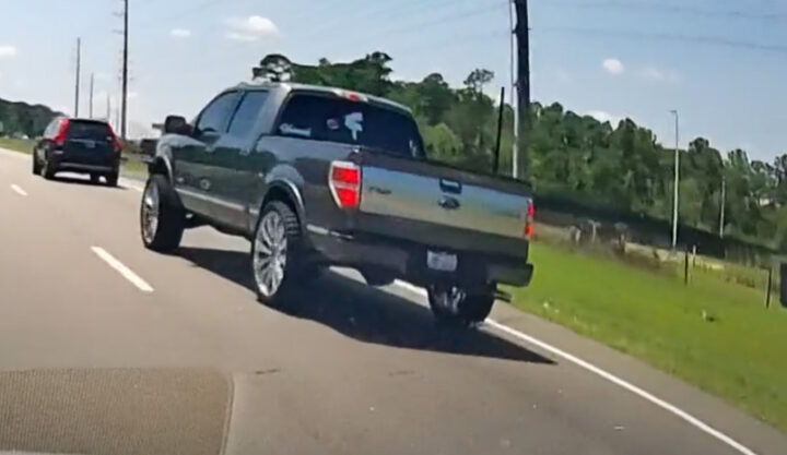 Video still of the Ford F-150 before it swerved into the lane occupied by the cammer. Not clear what their end goal was. 