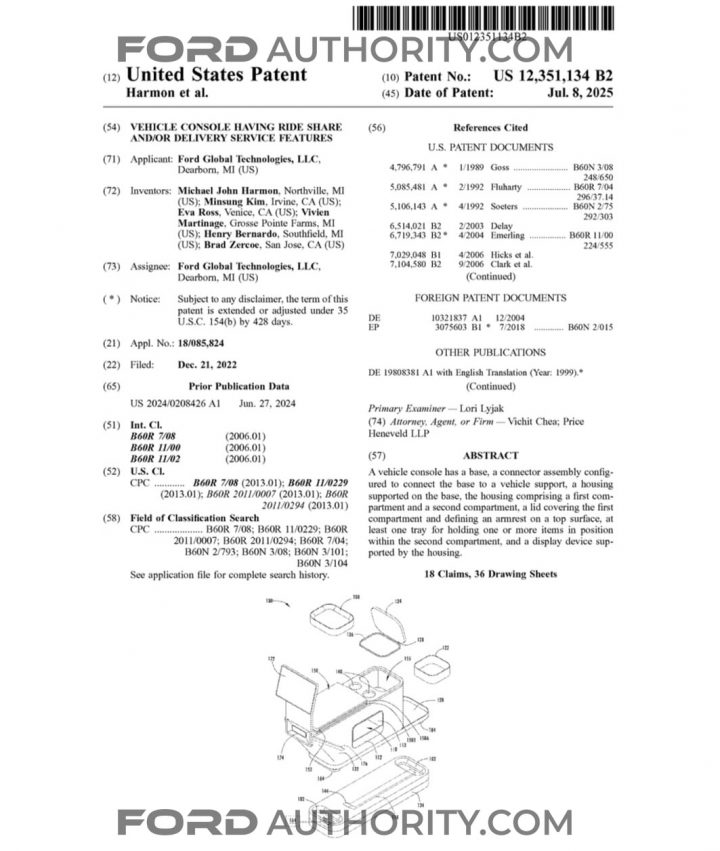 A Ford patent filing for a center console designed for ride sharing.