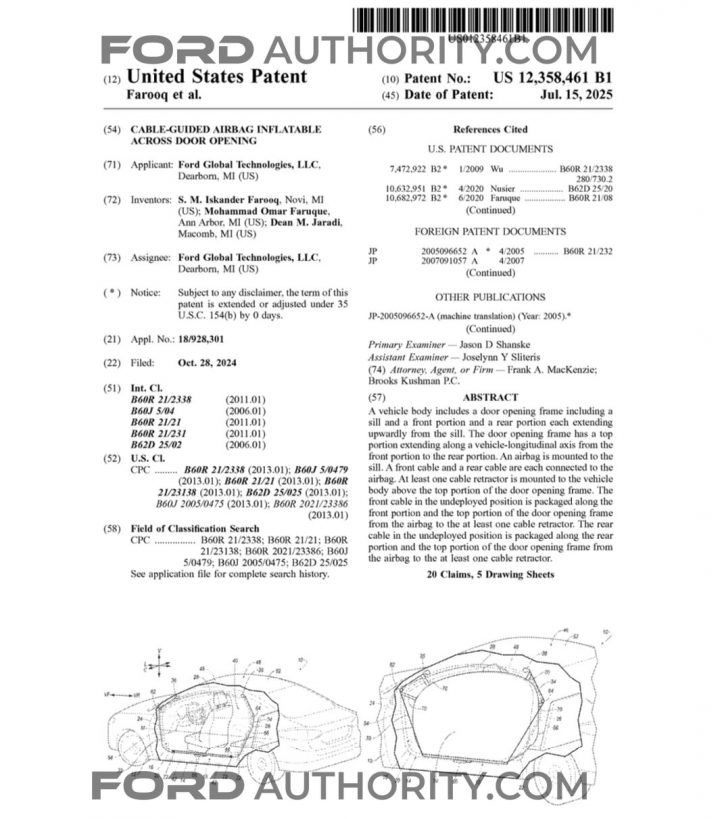A photo showing a Ford patent for a full width side curtain airbag.