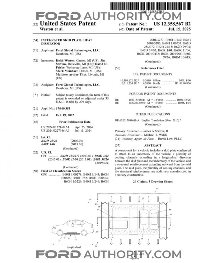 A photo showing a Ford patent for integrated heat dissipating skid plates.