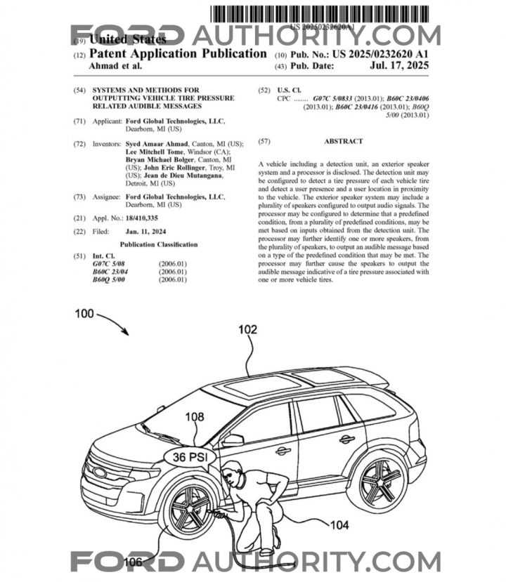 A Ford patent for an audible message system for tire pressure.