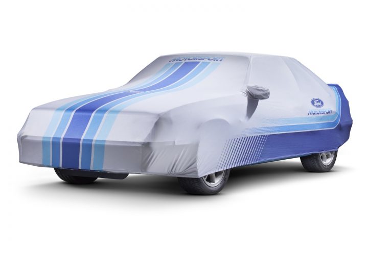 A photo showing the new Fox Body Ford Mustang retro car cover in gray and blue.
