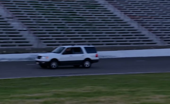 Video still of one of the Ford Expedition SUVs used as a test subject by Mythbusters to find out if running the AC or driving with windows open is more fuel efficient.