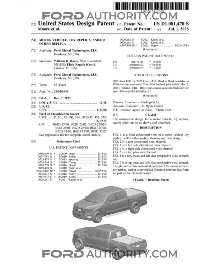 A photo showing a Ford patent for a refreshed Ford F-150 diecast model.