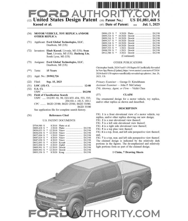 A patent filing for a refreshed Ford F-150 Raptor diecast model.