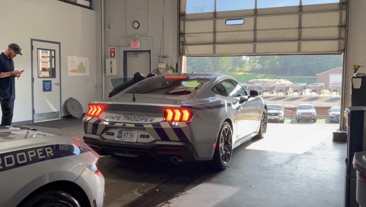 A photo showing the exterior of the Virginia State Police S650 Ford Mustang from a rear three quarters angle.
